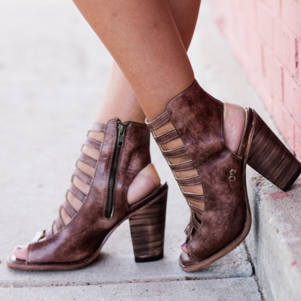Bed|Stu Boho Occam Distressed Leather‎ Caged Heeled Boots Sandals Womens 7 Tan